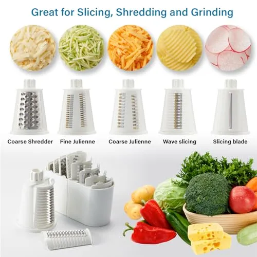 ALEXPHY Upgraded Cheese Grater Hand Crank, 5-in-1 Rotary Cheese Grater, Stronger Suction, Easy to Clean Grater for Fruit, Vegetables, Nuts, Black