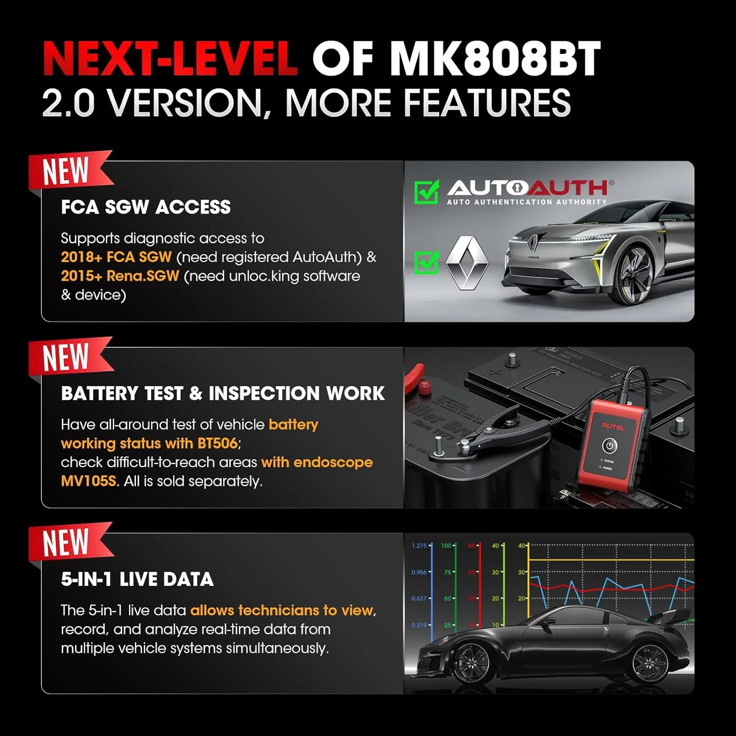 Autel MaxiCOM MK808K-BT All System Scan Tool Active Test 28  Service Functions Full Bidirectional Level-up of MK808BT MK808S MX808S, BT Ver. of MX900, FCA AutoAuth, Battery Test