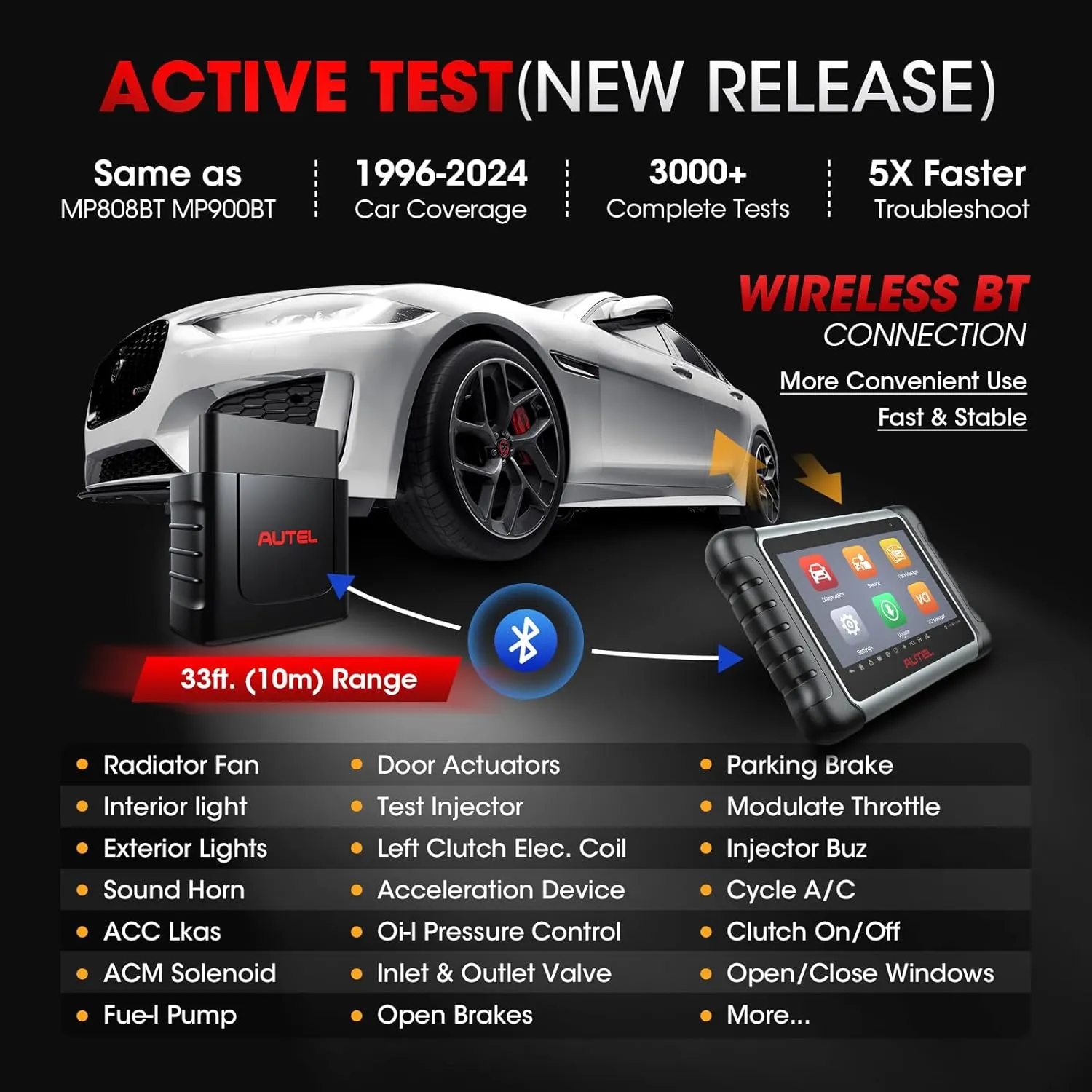 Autel MaxiCOM MK808K-BT All System Scan Tool Active Test 28  Service Functions Full Bidirectional Level-up of MK808BT MK808S MX808S, BT Ver. of MX900, FCA AutoAuth, Battery Test