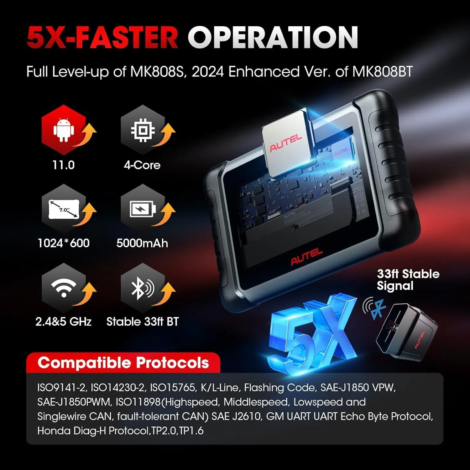 Autel MaxiCOM MK808K-BT All System Scan Tool Active Test 28  Service Functions Full Bidirectional Level-up of MK808BT MK808S MX808S, BT Ver. of MX900, FCA AutoAuth, Battery Test