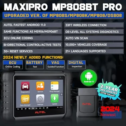 Autel Scanner MP808BT PRO, 2-Year Update 700$, 2024 OS 11 ECU Coding as MS906 Pro MP900BT, BT Ver of MX900 MK900 MS906 MP808S MK808S MK808Z, 3000  Bidirectional Diagnostics, 30  Reset, OE All Sys, FCA