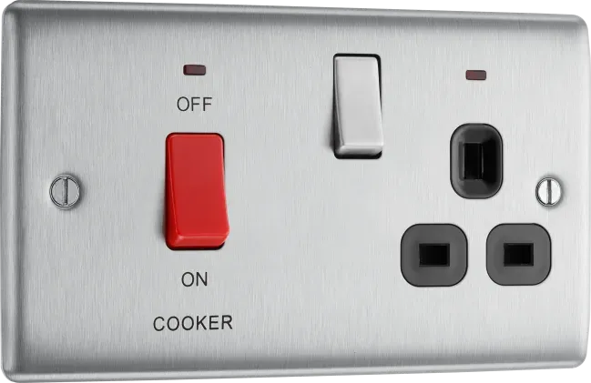 BG Nexus Metal 45 Amp DP Cooker Switch with Socket & Neon in Brushed Steel with Black Inserts - NBS70B-01