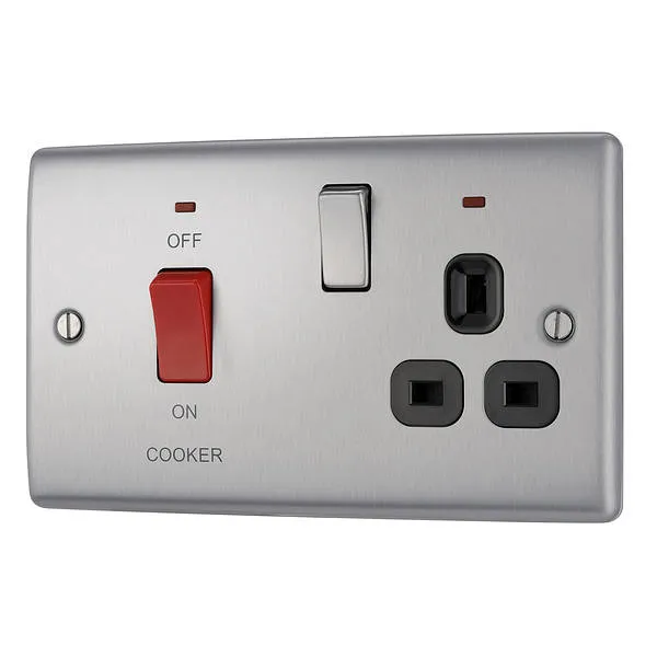 BG Nexus Metal 45 Amp DP Cooker Switch with Socket & Neon in Brushed Steel with Black Inserts - NBS70B-01