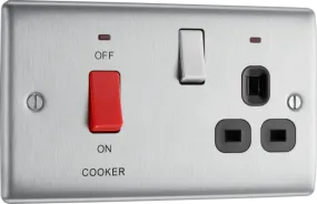 BG Nexus Metal 45 Amp DP Cooker Switch with Socket & Neon in Brushed Steel with Black Inserts - NBS70B-01