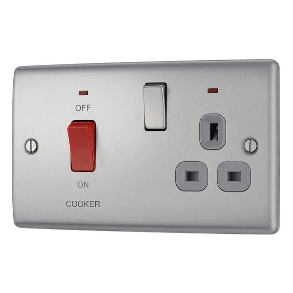 BG Nexus Metal 45 Amp DP Cooker Switch with Socket & Neon in Brushed Steel with Grey Inserts - NBS70G-01