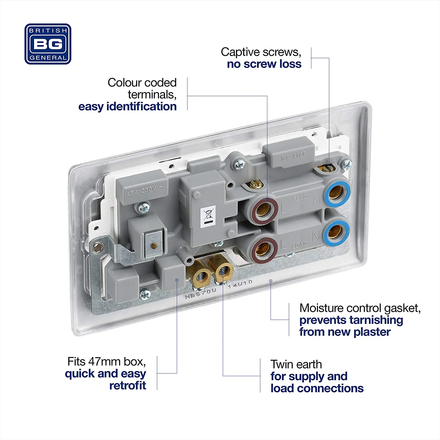 BG Nexus Metal 45 Amp DP Cooker Switch with Socket & Neon in Brushed Steel with White Inserts - NBS70W-01