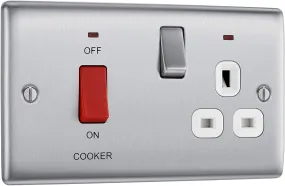 BG Nexus Metal 45 Amp DP Cooker Switch with Socket & Neon in Brushed Steel with White Inserts - NBS70W-01