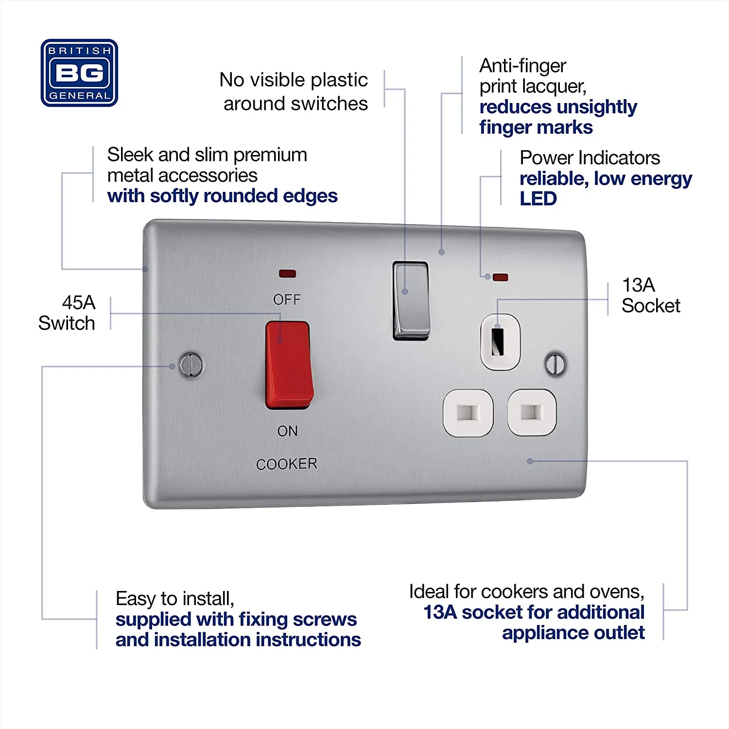 BG Nexus Metal 45 Amp DP Cooker Switch with Socket & Neon in Brushed Steel with White Inserts - NBS70W-01