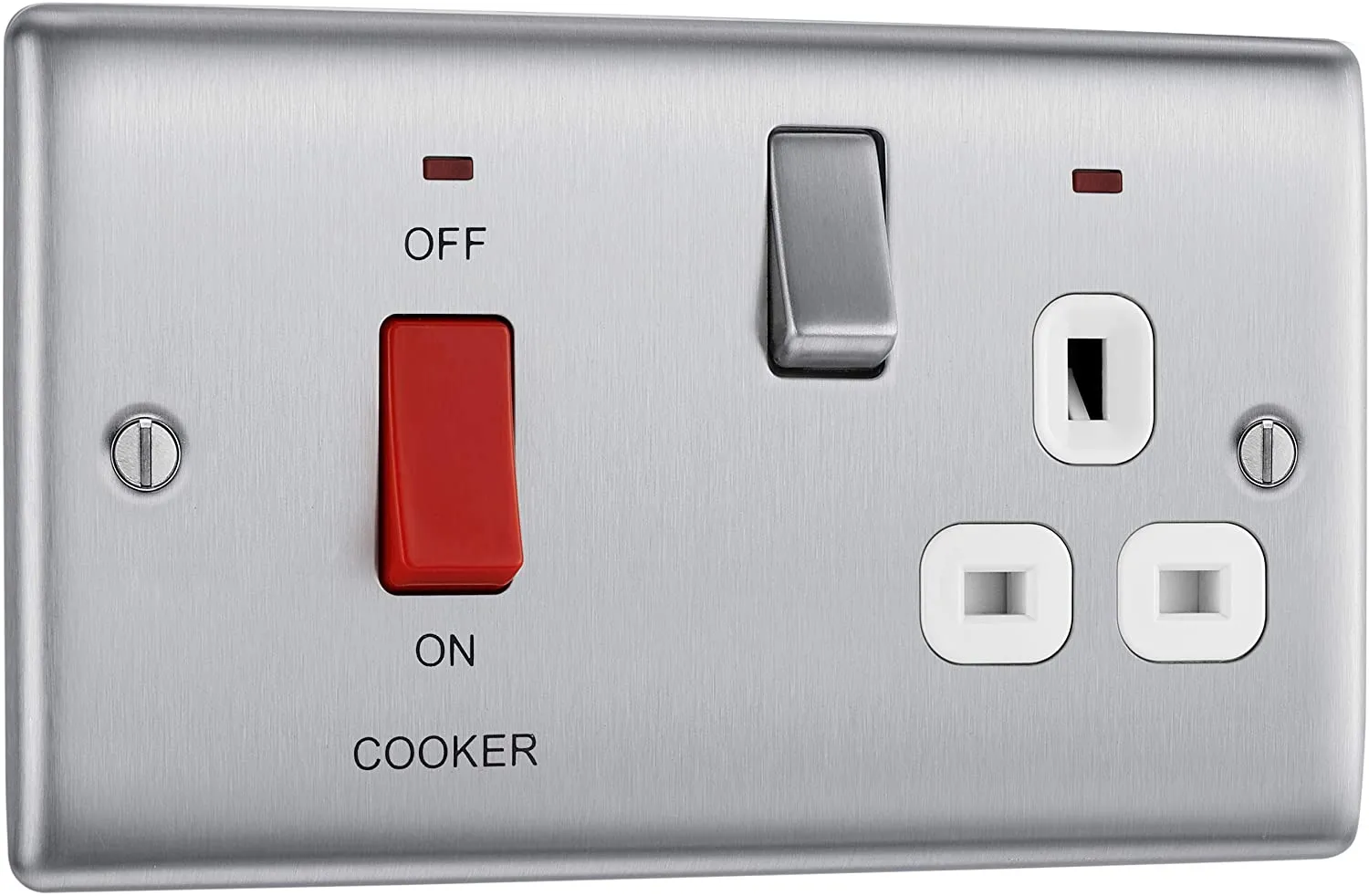 BG Nexus Metal 45 Amp DP Cooker Switch with Socket & Neon in Brushed Steel with White Inserts - NBS70W-01