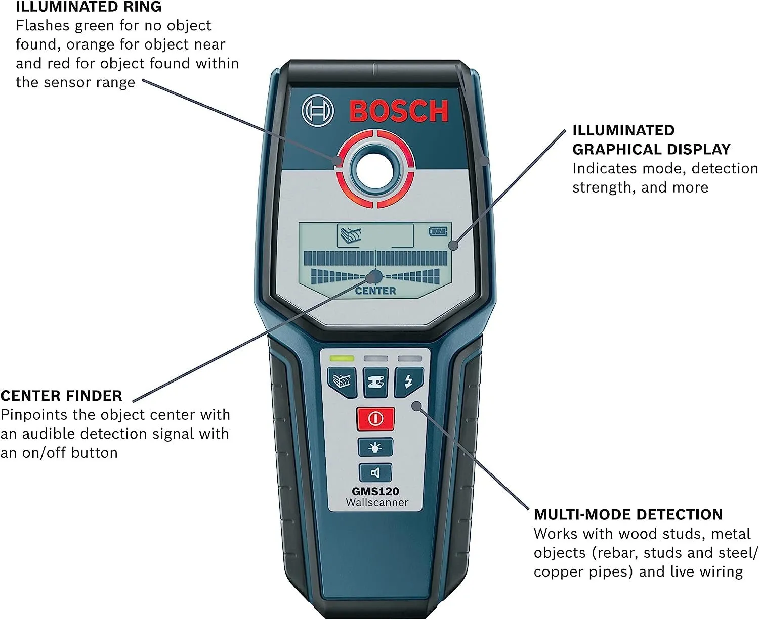 Bosch GMS120 Digital Multi-Scanner with Modes for Wood, Metal, and Live Wiring