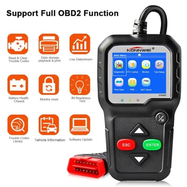 GT-KW680 - Konnwei Diagnostic Scan Tool (OBDII Engine Codes & Live Data)