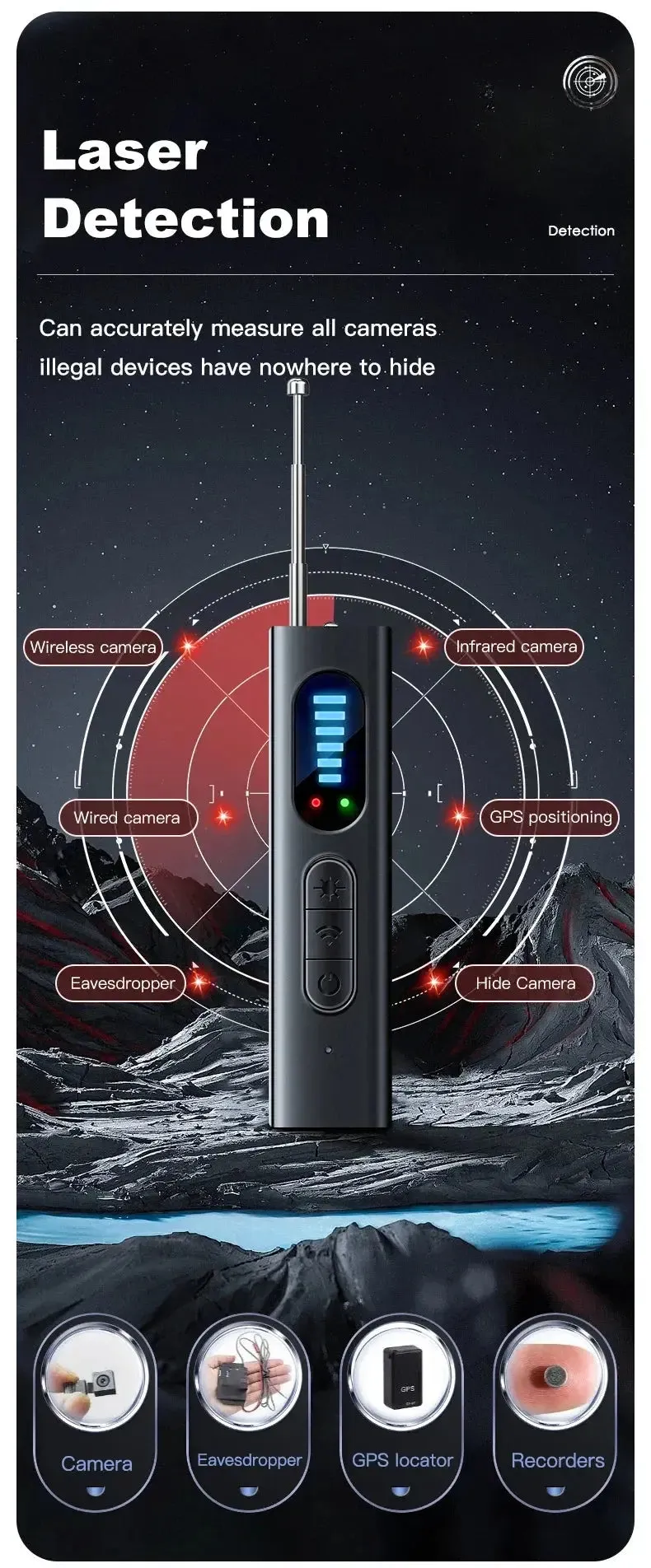 Hidden Camera Detector Anti Car GPS Tracker Listening Device Bug RF Wireless All Signal Scanner Gadgets Security Protection