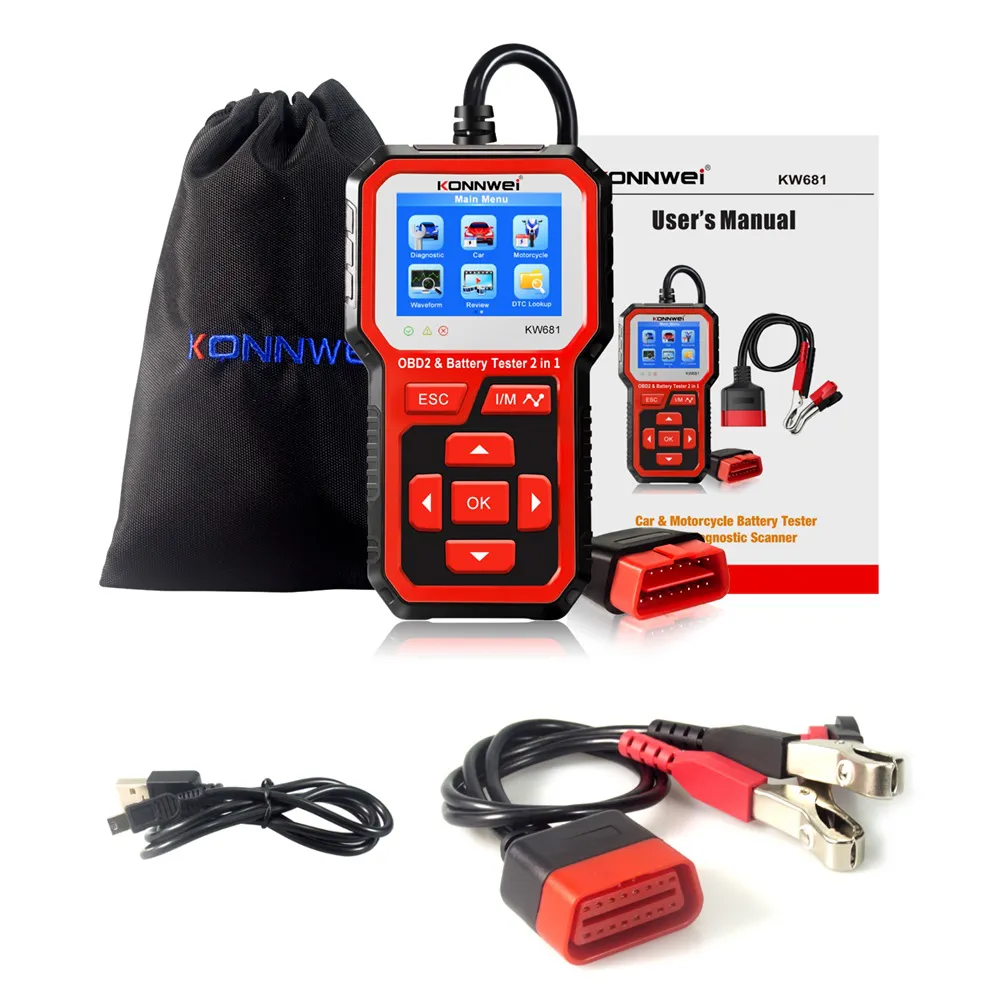 KONNWEI KW681 Car Battery Tester OBD2 Diagnostic Scanner 2 in 1 Code Reader DTC Engine Cranking Test for 6-12V Auto Motorcycle