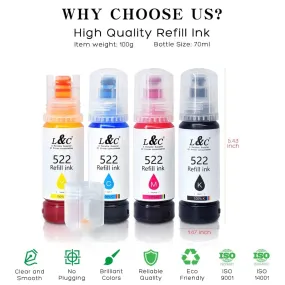 L&C High Capacity Refill Ink Bottle Replacement for Epson Compatible 522 Ink Refill Bottle