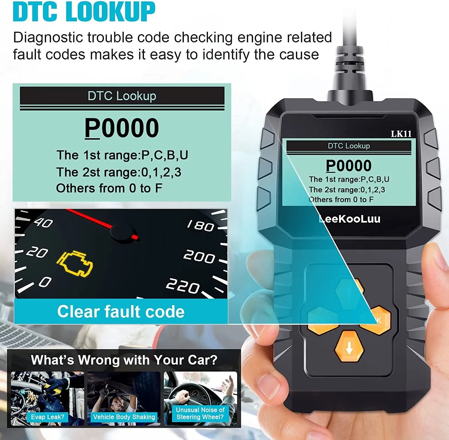 Leekooluu OBD2 Scanner Car Scan Diagnostic Tool Reset Clear Check Engine Code Reader for All OBD II Vehicles LK11