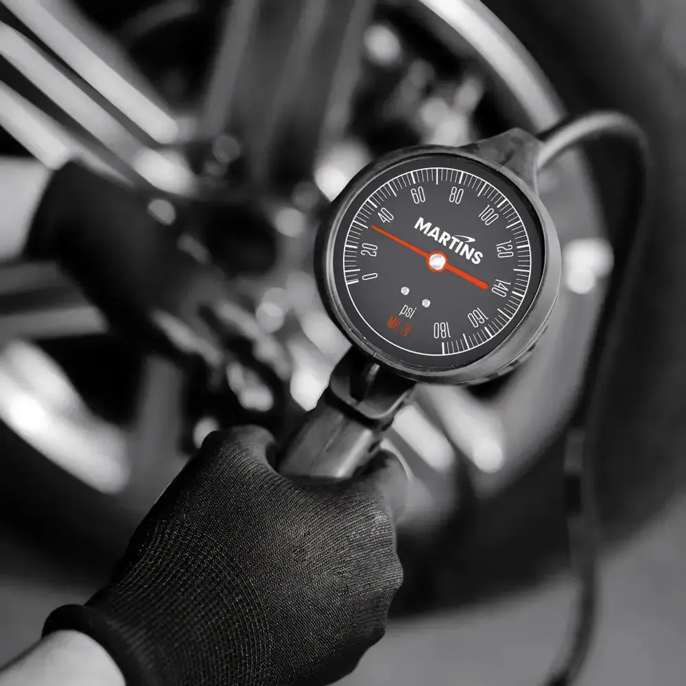 Martins MH-31 Dial Gauge Tire Inflator, Flate Mate, 6ft, 174 PSI, Clip-On