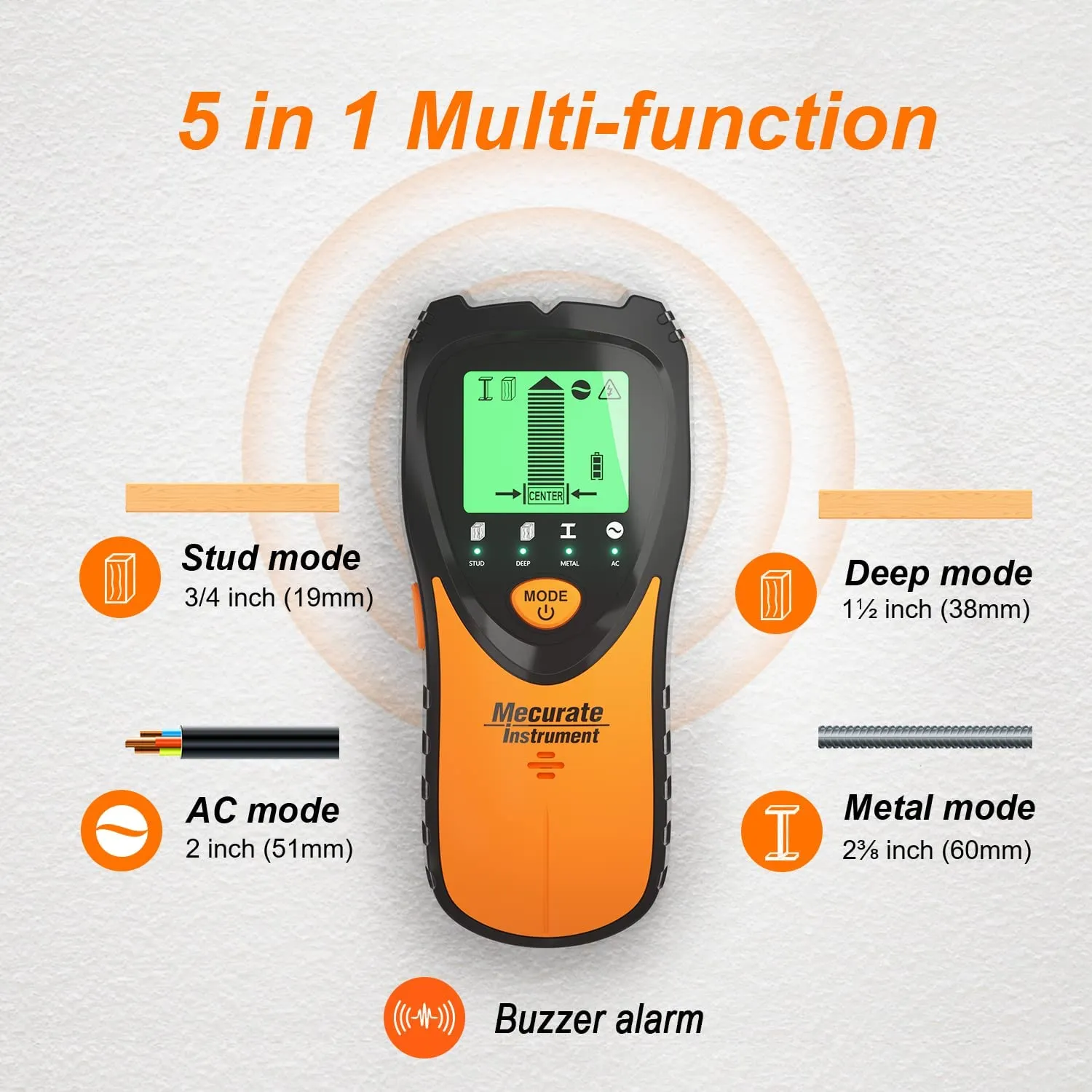 Mecurate Stud Finder Wall Scanner Sensor - 5 in 1 Electronic Stud with LCD Display & Audio Alarm for Wood AC Live Wire Metal Studs Detection Joist Pipe