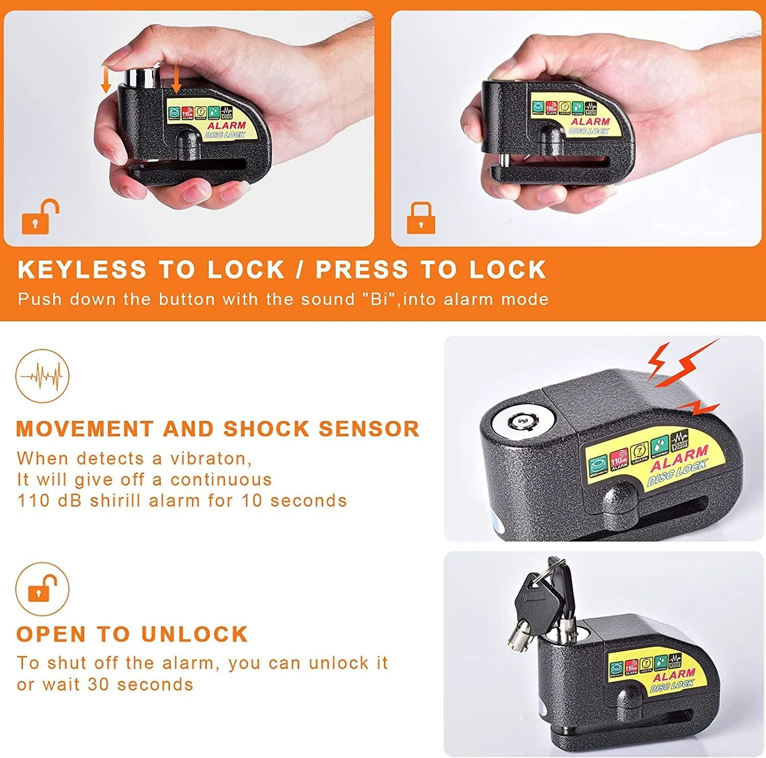 Motorcycle Alarm Disc Brake Lock, Motorcycle Locks Anti-Theft Security Wheel Disc Lock Waterproof 110Db Alarm Sound with 5Ft Reminder Cable Keys and Carry Pouch for Motorbike Bike Scooter