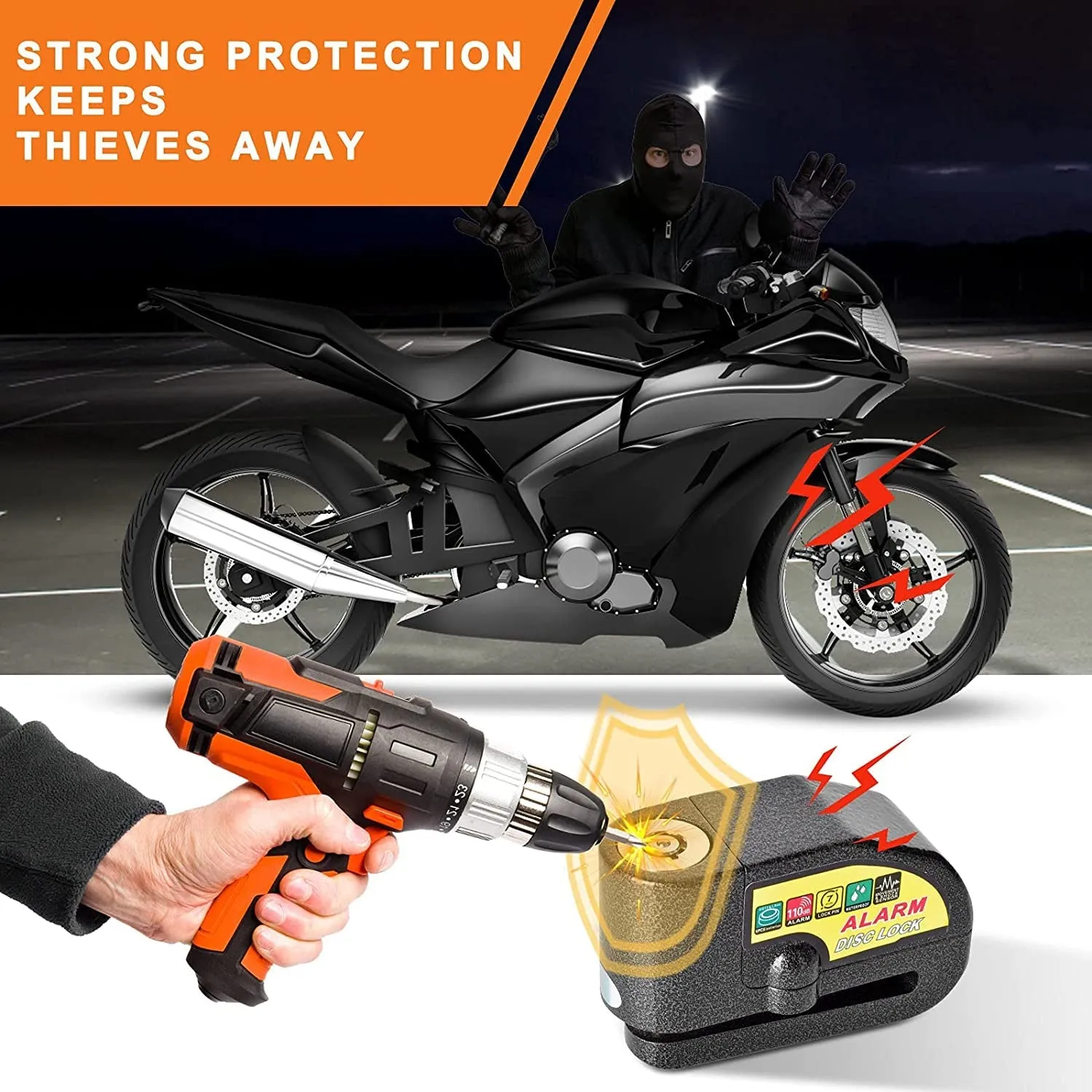 Motorcycle Alarm Disc Brake Lock, Motorcycle Locks Anti-Theft Security Wheel Disc Lock Waterproof 110Db Alarm Sound with 5Ft Reminder Cable Keys and Carry Pouch for Motorbike Bike Scooter