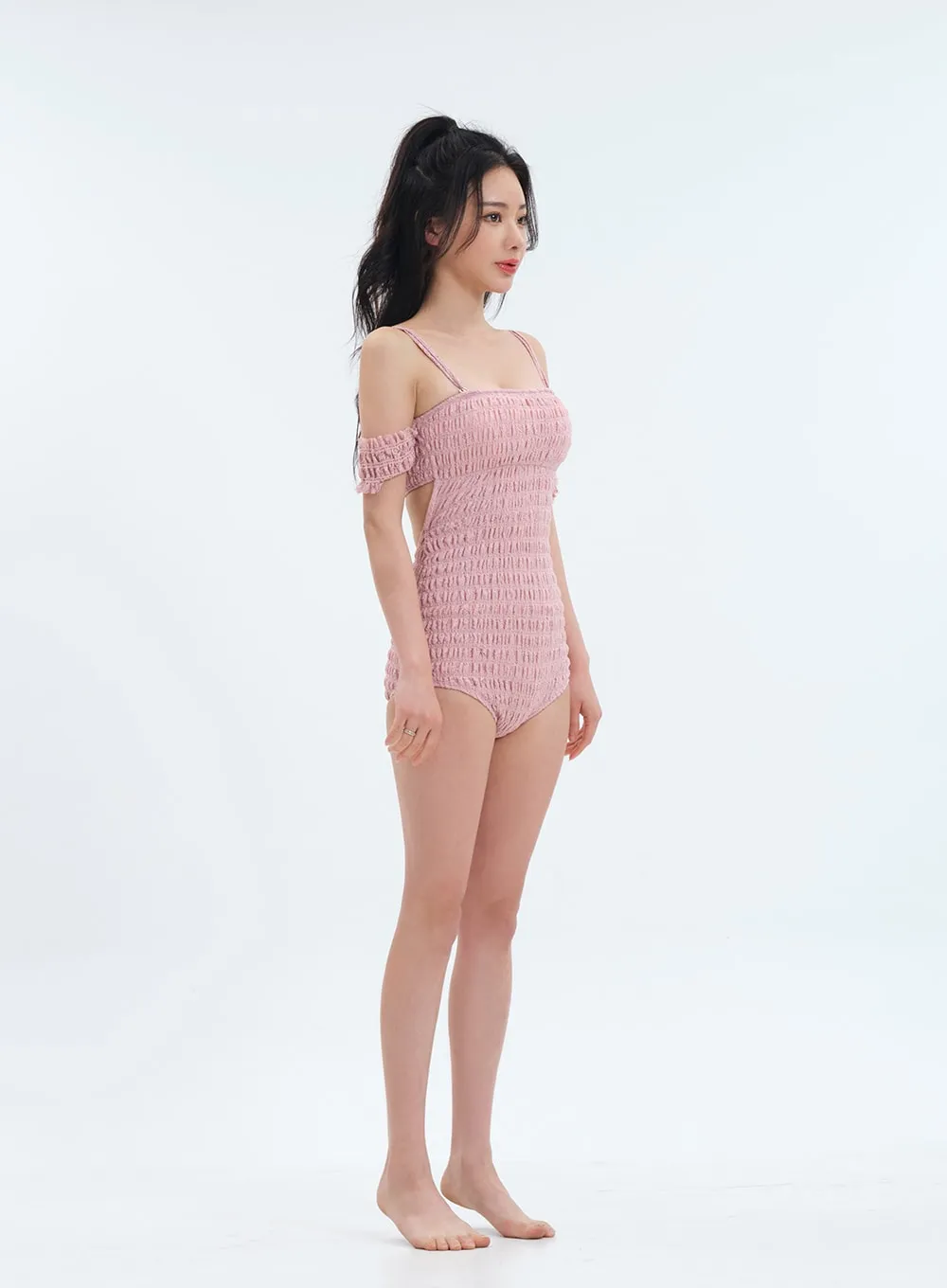 Off the Shoulder Shirring Detail One Piece Swimsuit