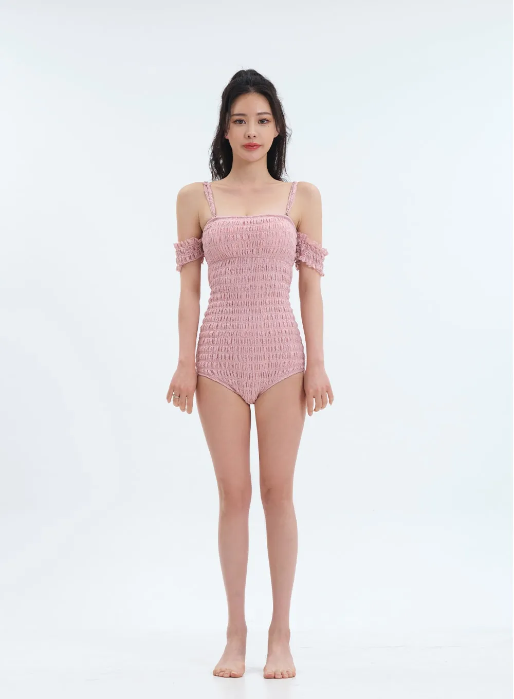 Off the Shoulder Shirring Detail One Piece Swimsuit
