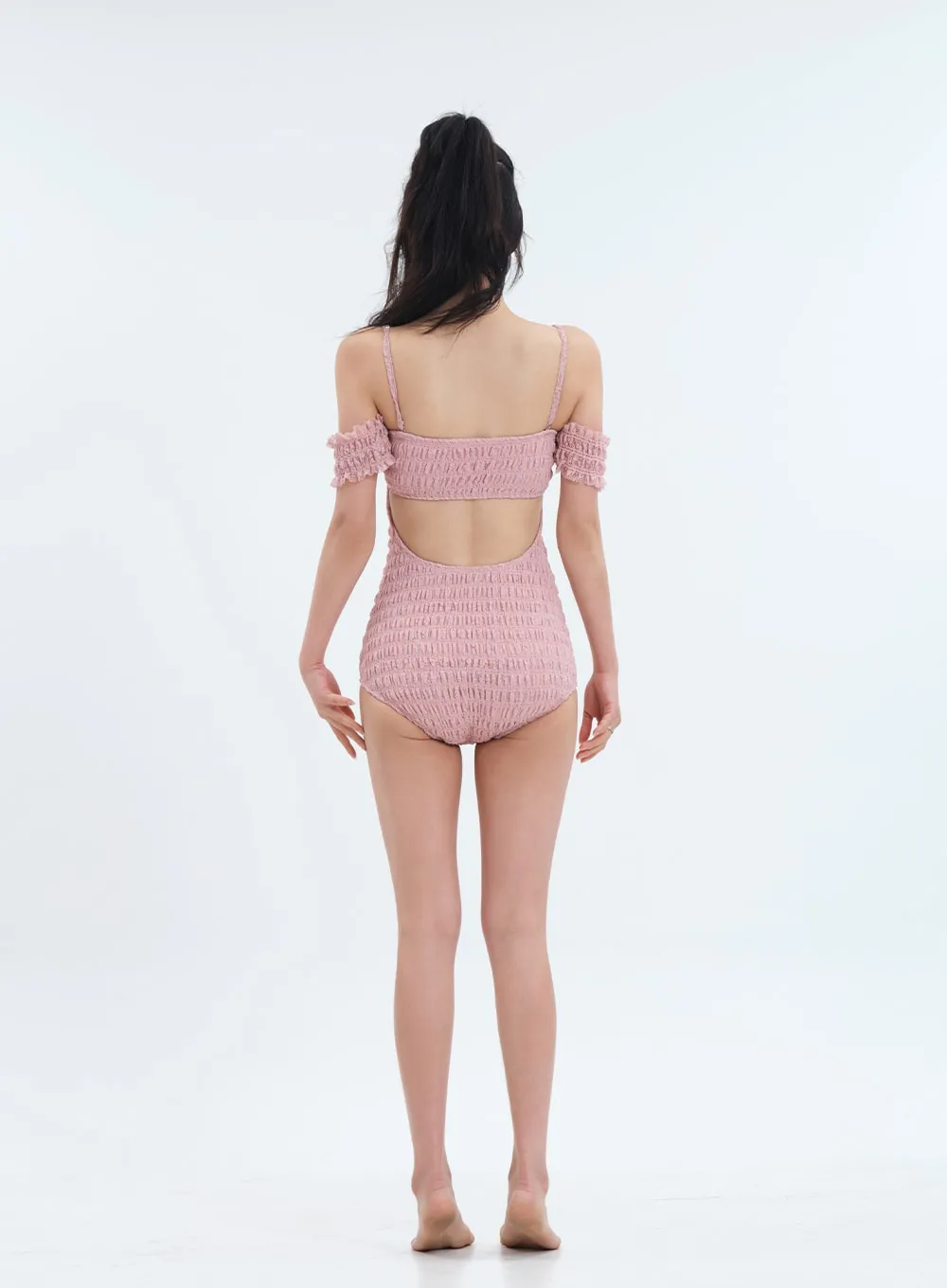 Off the Shoulder Shirring Detail One Piece Swimsuit