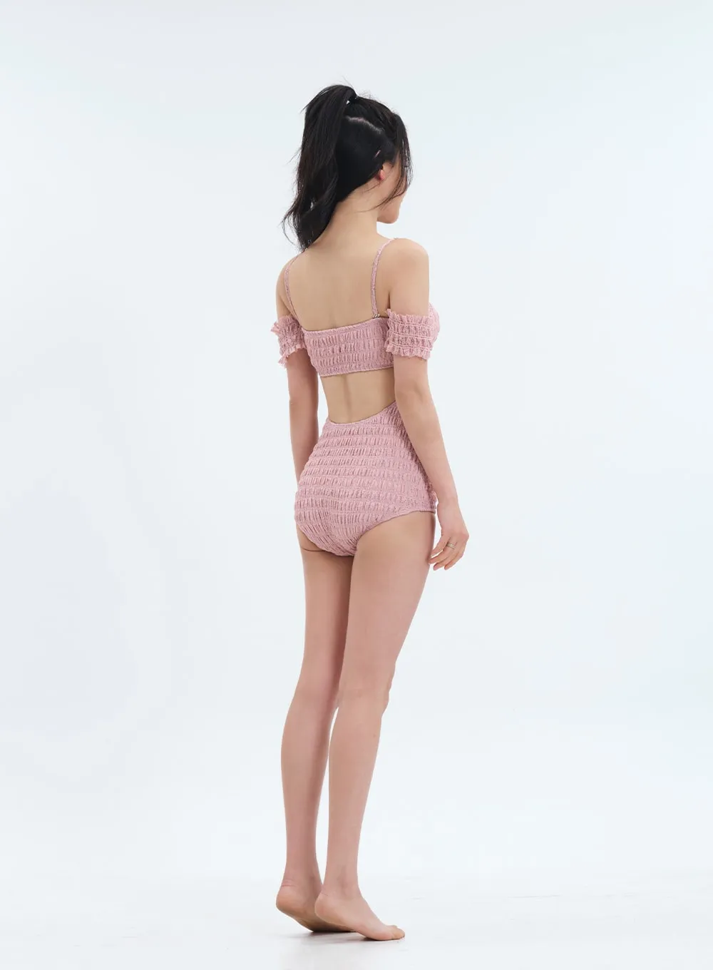 Off the Shoulder Shirring Detail One Piece Swimsuit