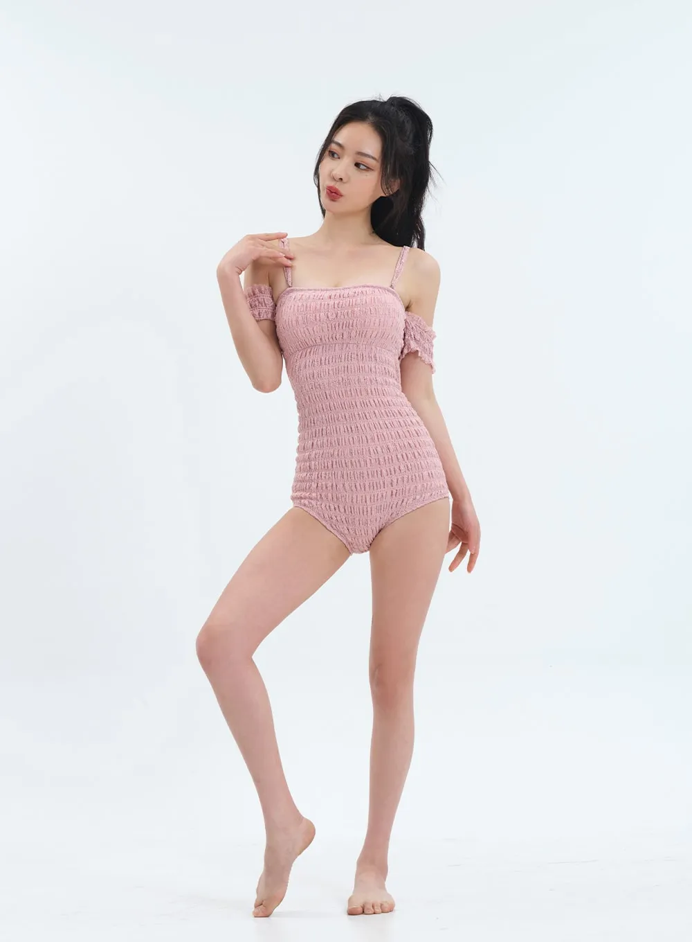 Off the Shoulder Shirring Detail One Piece Swimsuit