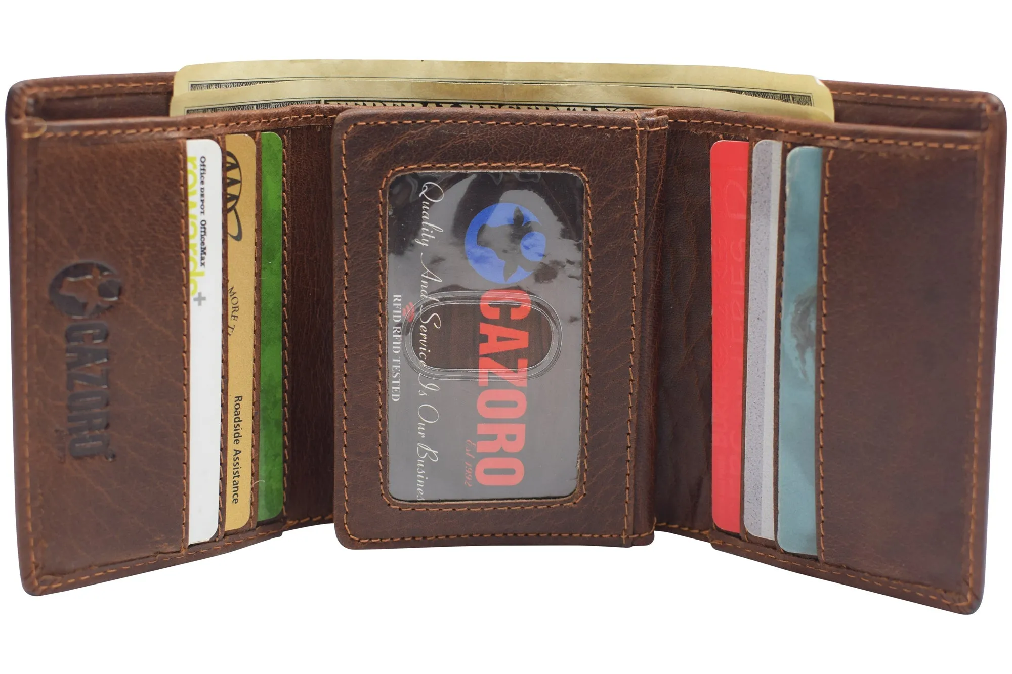 RFID1107BF Vintage Buffalo Leather Men's RFID Trifold Wallet With Double ID Windows