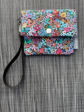 Small Slim Wallet - Light Weight - Added RFID Fabric -  Mini Wild Flower Blue Fabric
