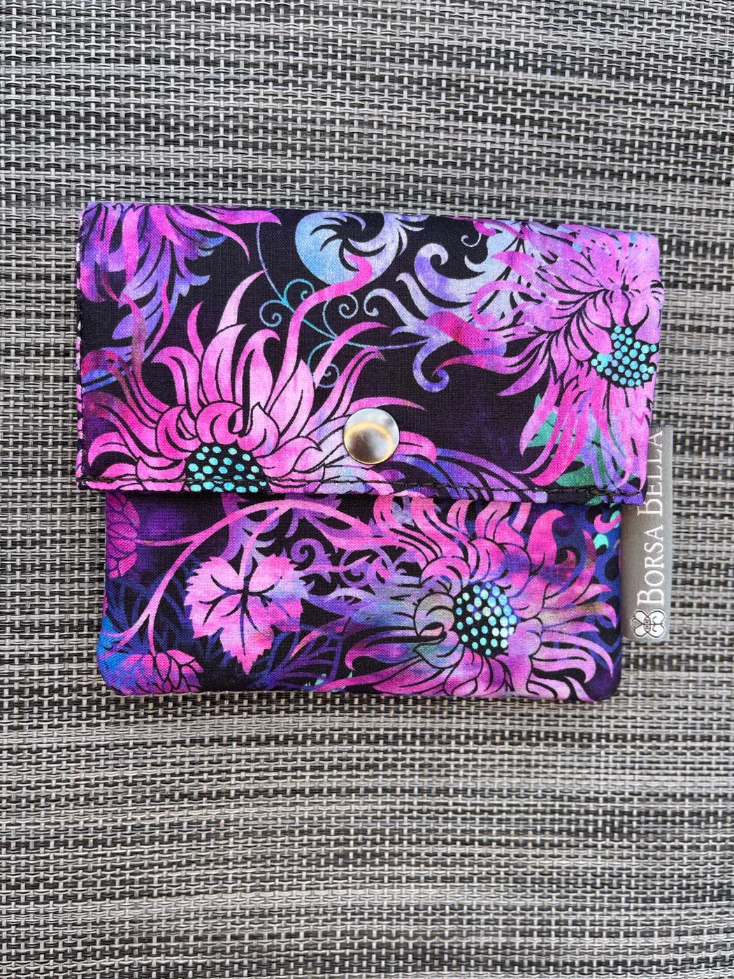 Small Slim Wallet - Light Weight - Added RFID Fabric - Purple Floragraphics Fabric