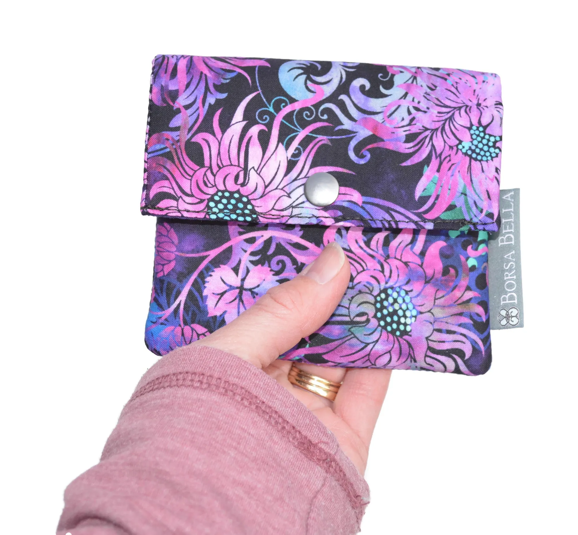 Small Slim Wallet - Light Weight - Added RFID Fabric - Purple Floragraphics Fabric