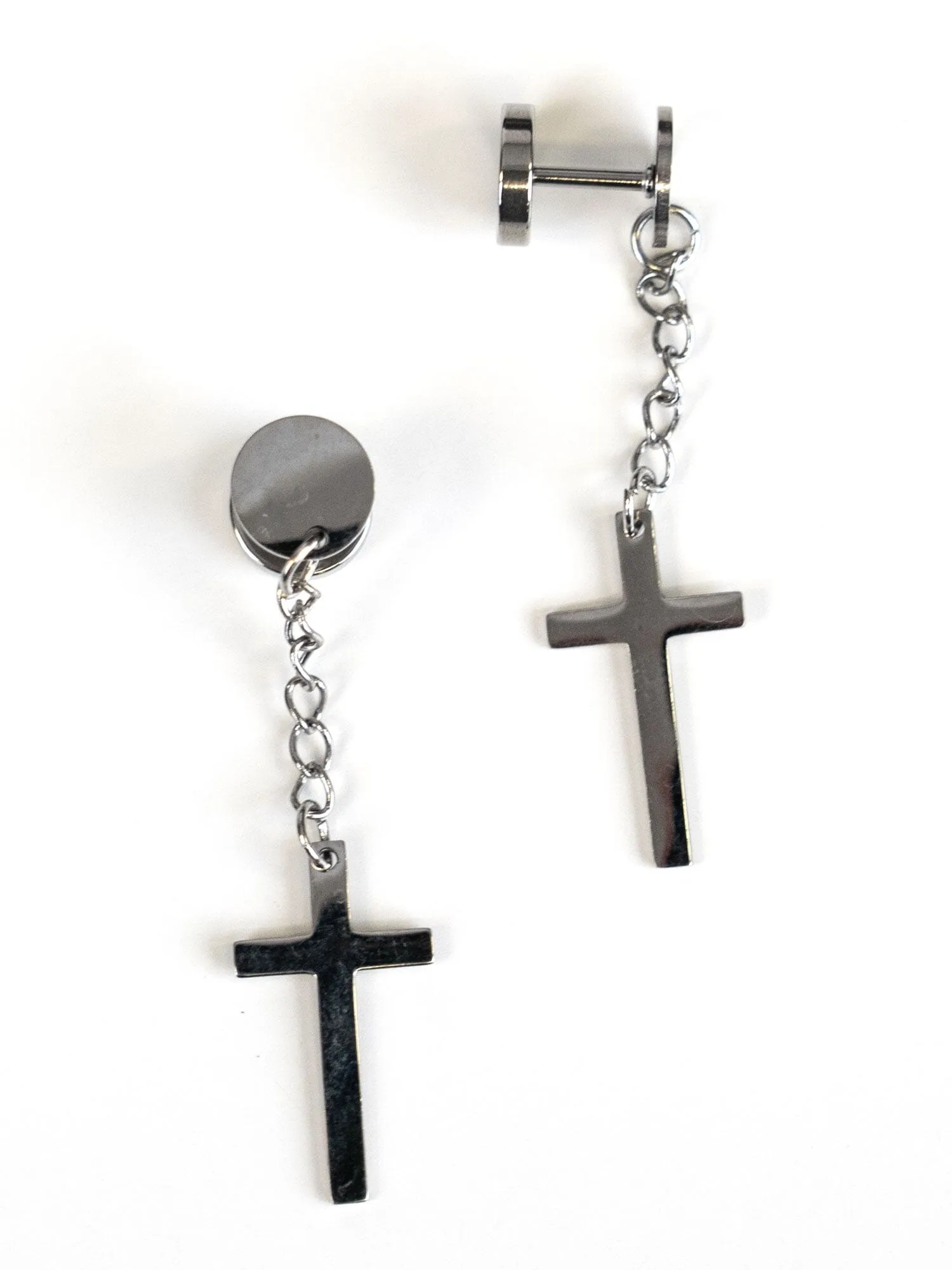 Steel Cross Dangle Threaded Earrings