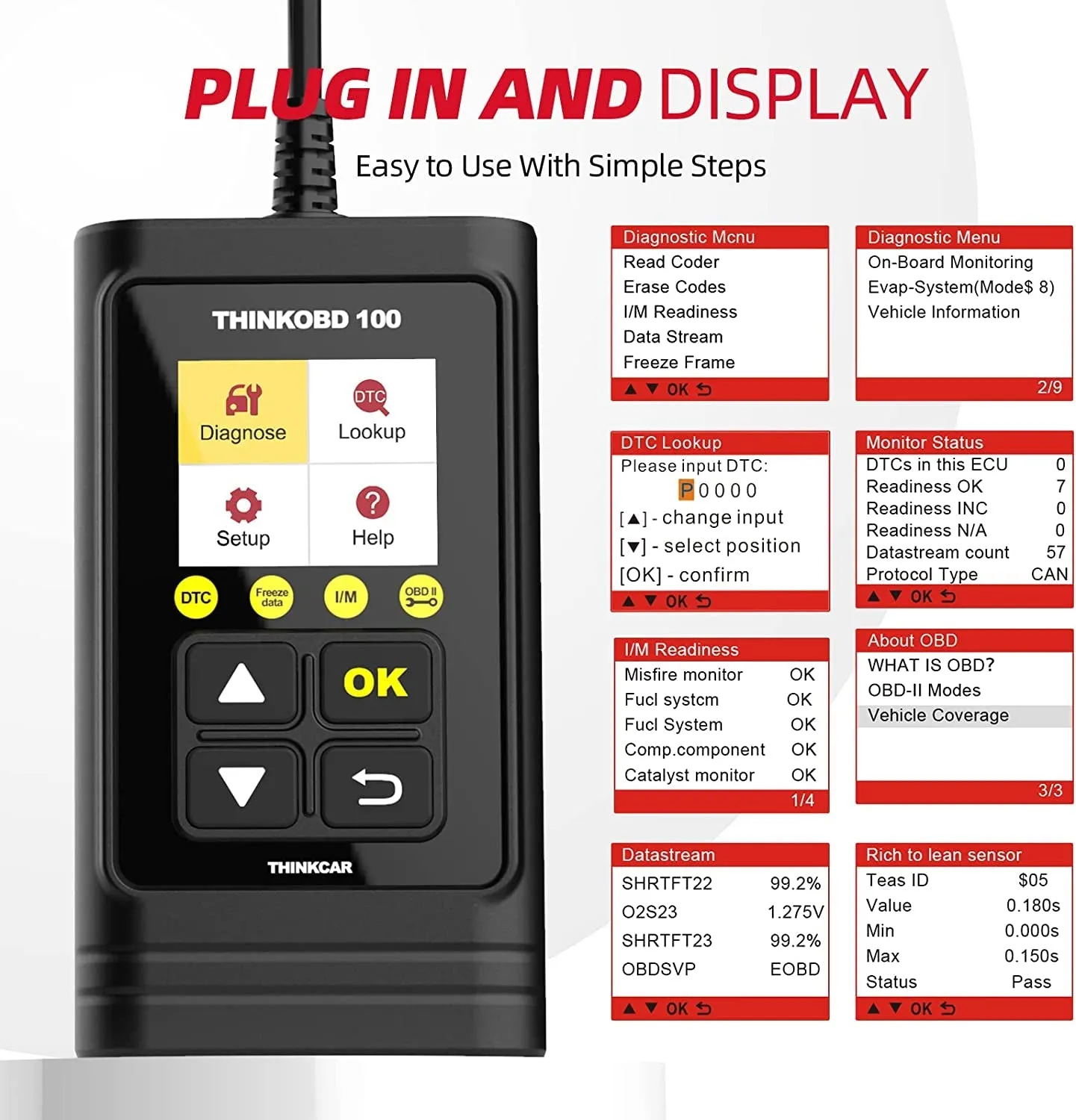 THINKOBD100 OBDII OBD2/ EOBD Vehicles Diagnostics Code Reader Scanner Tool/Auto Car Diagnostic/Scanner Automotive Engine Fault Code Reader/Auto Full-System Diagnostic Tool ODBII