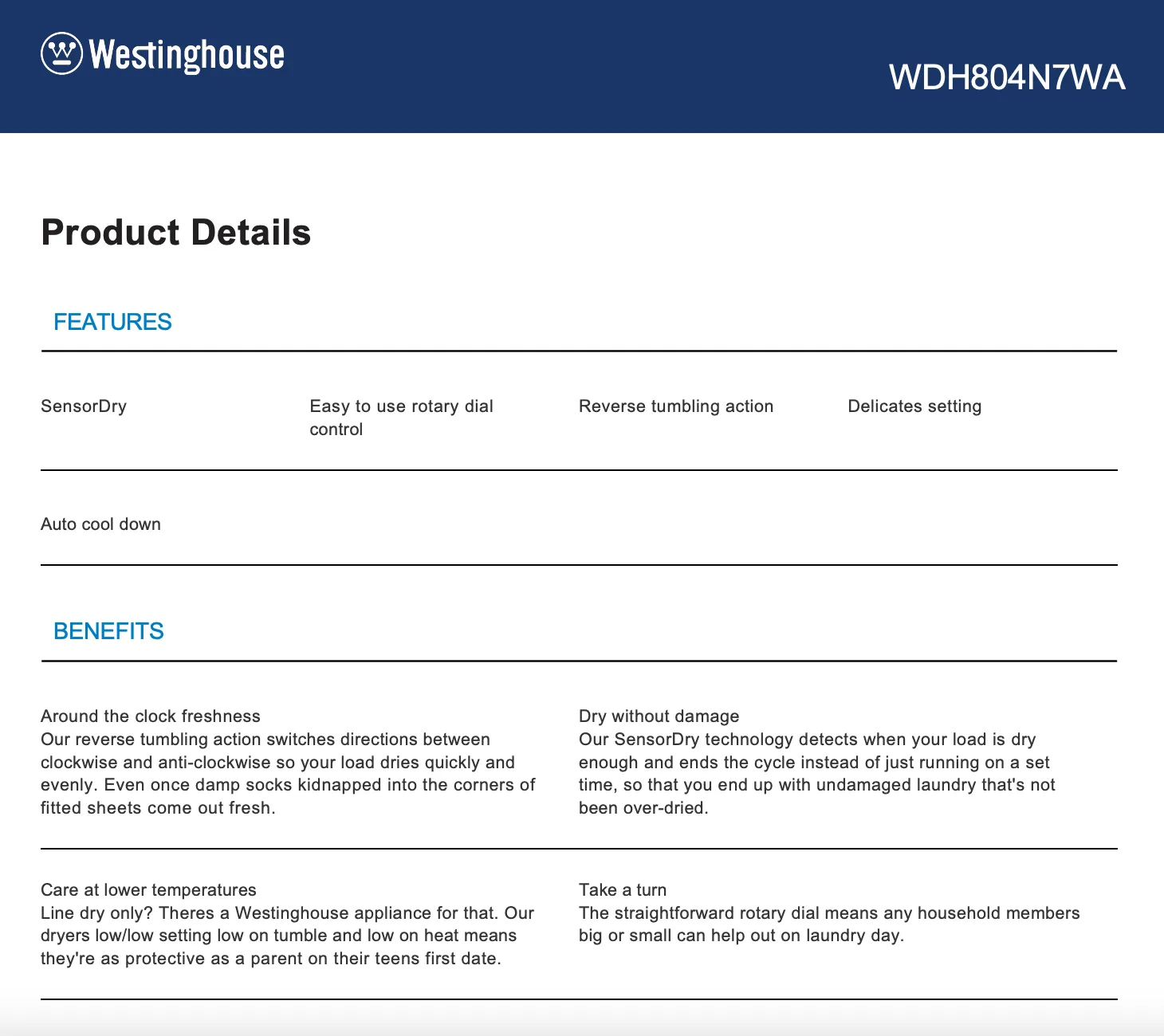 Westinghouse WDH804N7WA 8kg EasyCare 500 Series Heat Pump Dryer - Westinghouse Seconds Discount